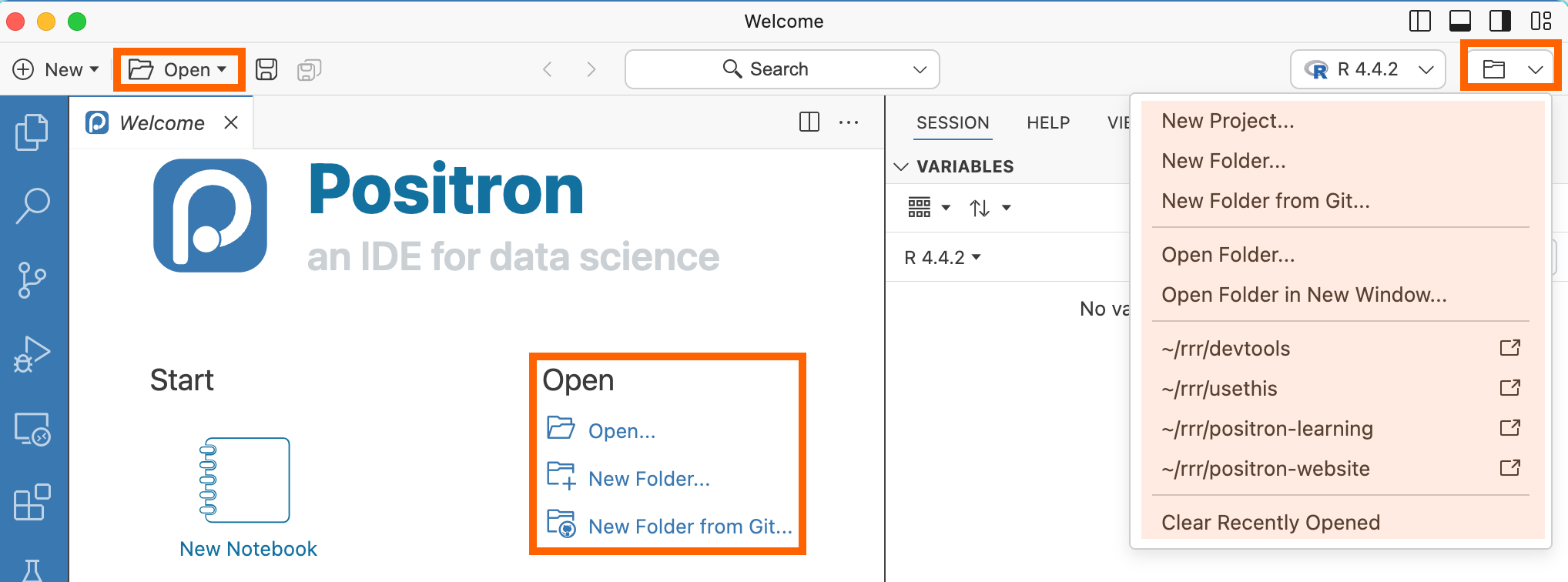 Various ways to open a folder in Positron, highlighted in orange.